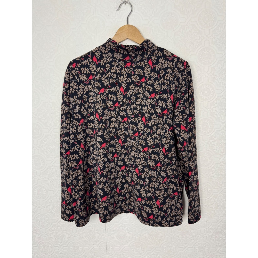 Croft & Barrow Cardinal Womens 1X Mock Neck Bird Print Long Sleeve Top Navy Red